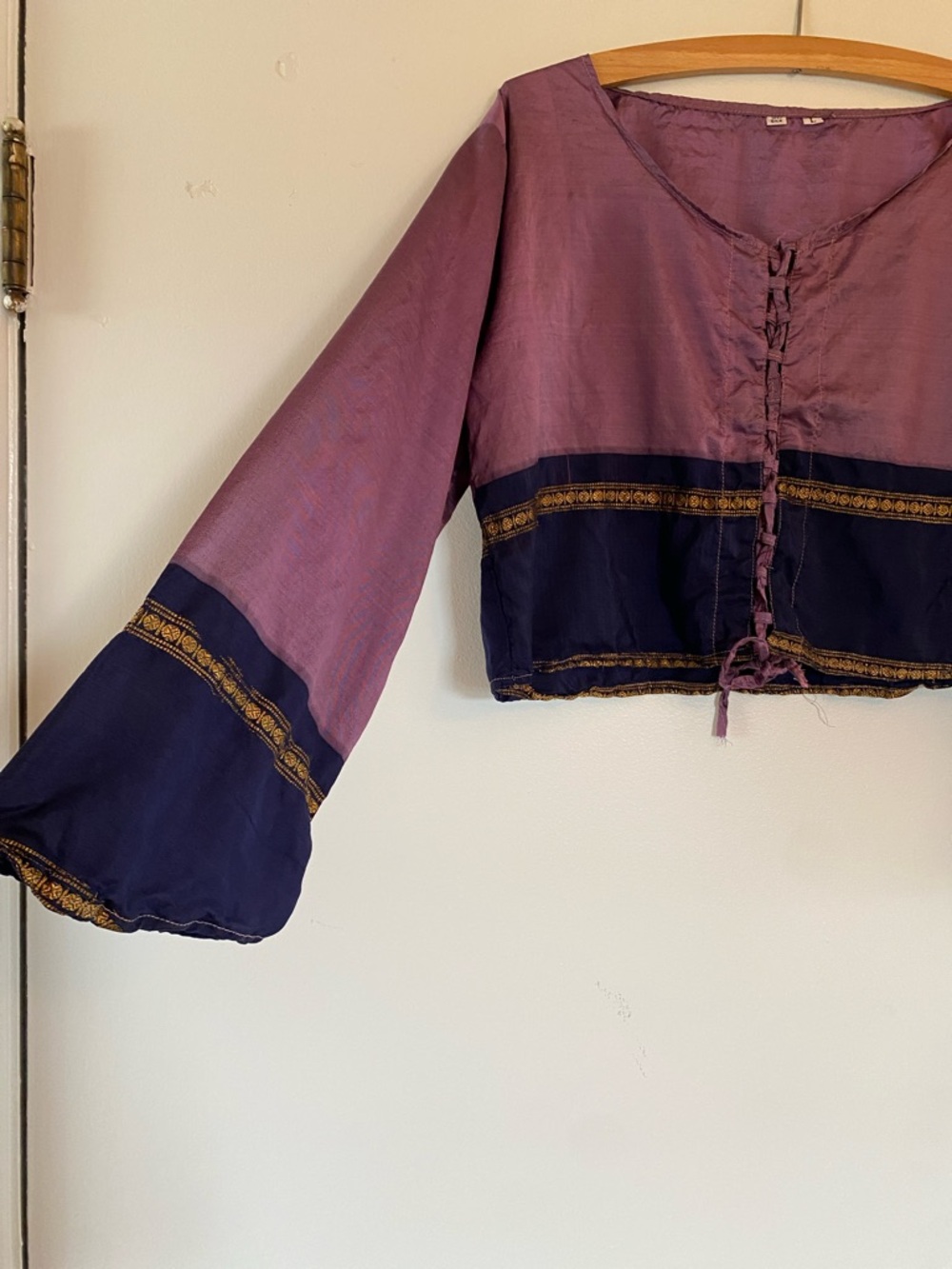 Purple and Navy Tie-Front Boho Crop Top - Picture 3 of 3